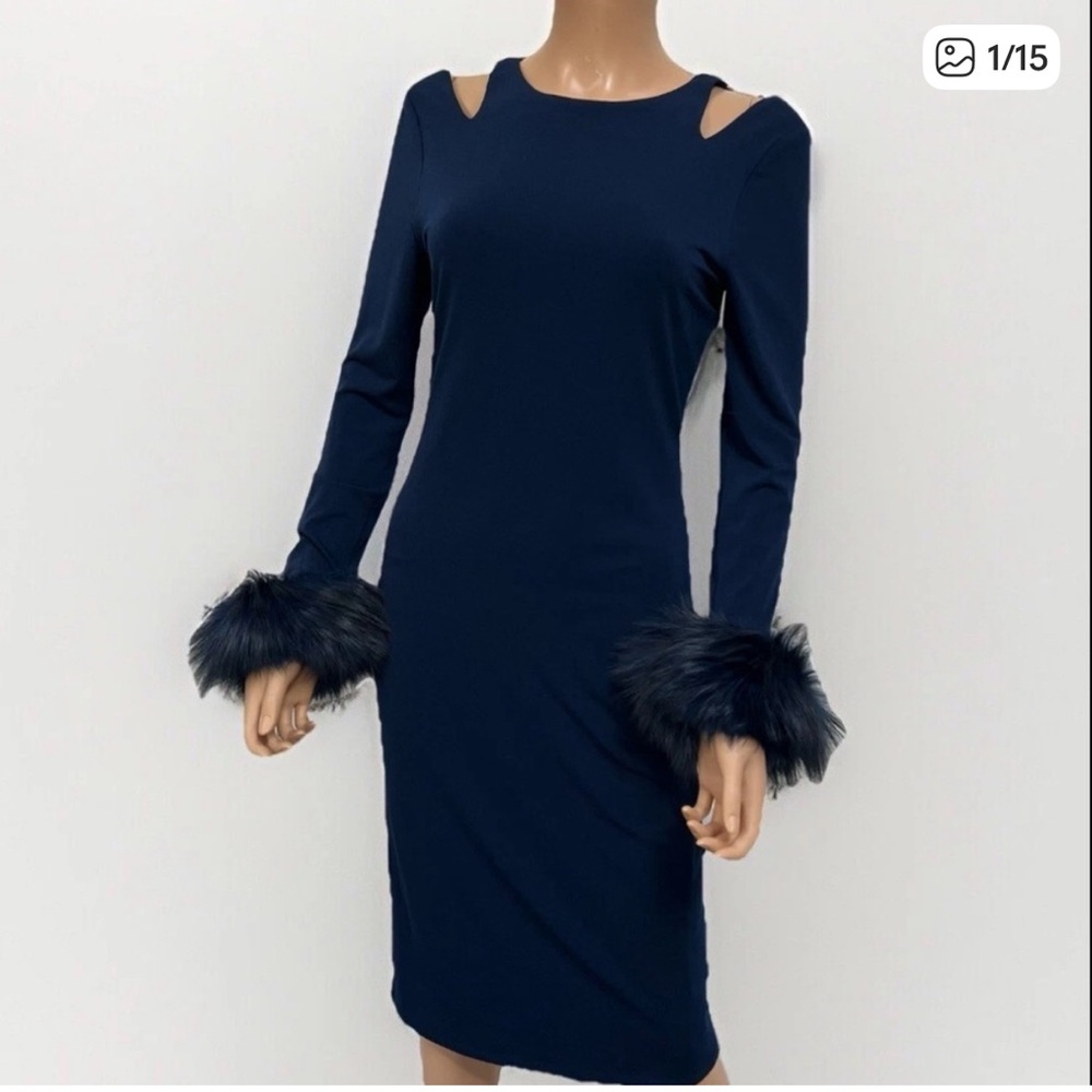 Alice + Olivia Fox Fur Cuff Navy Blue Cold Shoulder Dress
